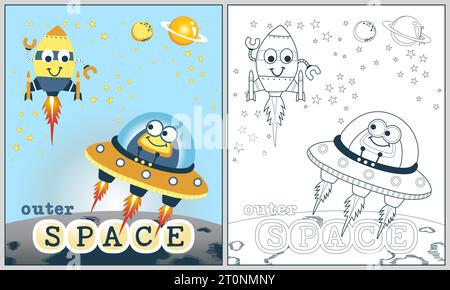 Drôle alien sur vaisseau spatial avec fusée drôle, illustration de dessin animé vectoriel, livre de coloriage ou page Illustration de Vecteur