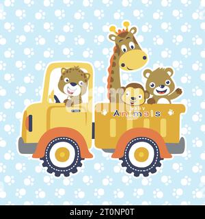 animaux drôles voyageant avec camion sur fond de sentier. Illustration de dessin animé vectoriel Illustration de Vecteur