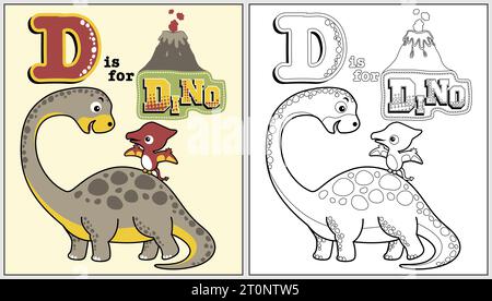 Dinosaures drôles avec éruption volcanique, dessin animé vectoriel, livre de coloriage ou page Illustration de Vecteur