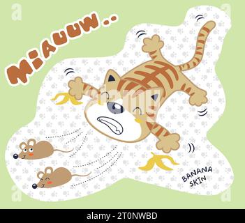 Un chat drôle chassant des rats puis tomber par peau de banane, illustration de dessin animé vectoriel Illustration de Vecteur