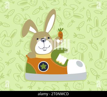 Lapin dans la chaussure avec une carotte sur des carottes et motif de fond de tête de lapin, illustration de dessin animé vectoriel Illustration de Vecteur