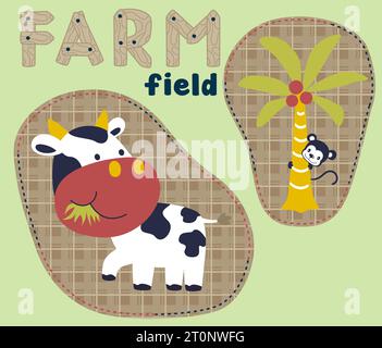 Animaux de champ de ferme, vache et singe sur fond rayé, illustration de dessin animé Vector Illustration de Vecteur