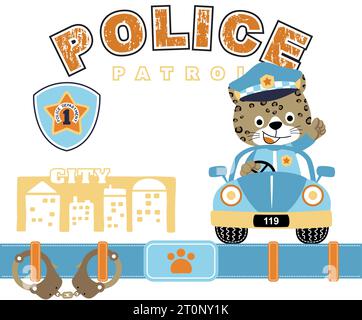 Chat drôle sur la voiture de police avec l'élément de police, illustration de dessin animé vectoriel Illustration de Vecteur