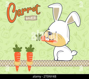 Lapin drôle mangeant carotte, carottes et motif de fond de tête de lapin, vecteur de dessin animé Illustration de Vecteur