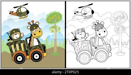 dessin animé vectoriel de girafe drôle avec ours sur camion, hélicoptère volant à travers la forêt, livre de coloriage ou page Illustration de Vecteur