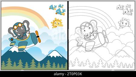 Éléphant mignon de dessin animé sur l'avion avec des oiseaux et le soleil souriant, illustration vectorielle, livre de coloriage ou page Illustration de Vecteur