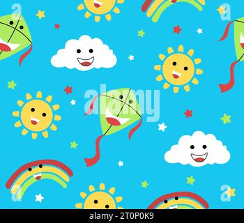 vecteur modèle sans couture de dessin animé d'objets de ciel souriant avec cerf-volant drôle Illustration de Vecteur