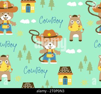 vecteur de motif sans couture de cow-boy d'ours de dessin animé avec cheval et maison, arbres Illustration de Vecteur