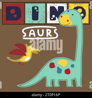 Illustration vectorielle de dessin animé drôle de dinosaures colorés, brontosaurus avec ptérodactyl Illustration de Vecteur