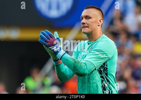 Milan, Italie. 07 octobre 2023. Lukasz Skorupski du Bologna FC fait des gestes lors du match de football Serie A 2023/24 entre le FC Internazionale et le Bologna FC au stade Giuseppe Meazza, Milan, Italie, le 07 octobre 2023 crédit : Independent photo Agency/Alamy Live News Banque D'Images