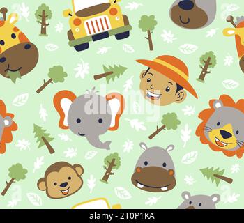 vecteur de motif sans couture d'animaux de bande dessinée sourire visage avec un garçon et une voiture, éléments de forêt Illustration de Vecteur