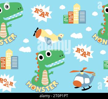 vecteur de motif sans couture de monstre de bande dessinée avec des avions et des bâtiments Illustration de Vecteur