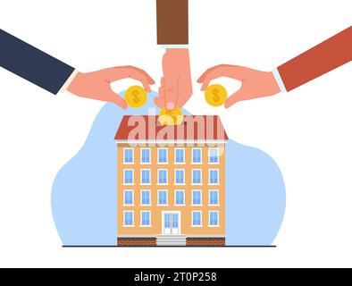 Les mains humaines mettent des pièces de monnaie dans la maison, achètent une maison à crédit, investissent dans l'immobilier. Prêt hypothécaire et impôts fonciers. L'épargne et les investissements caricature à plat Illustration de Vecteur