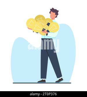 Jeune homme tient beaucoup d'ampoules comme symbole d'une idée. Processus créatif. Employé masculin avec beaucoup d'ampoules. Caractère pensant. Style plat de dessin animé Illustration de Vecteur