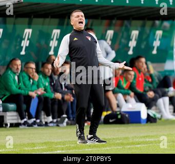 Budapest, Hongrie. 8 octobre 2023. Srdan Blagojevic, entraîneur-chef de DVSC réagit lors du match hongrois OTP Bank Liga entre Ferencvarosi TC et DVSC au Groupama Arena le 8 octobre 2023 à Budapest, Hongrie. Crédit : Laszlo Szirtesi/Alamy Live News Banque D'Images