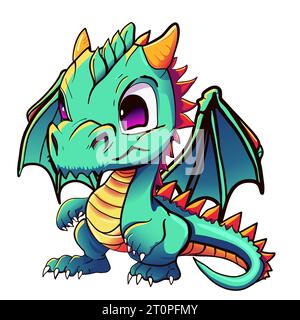Autocollant de personnage de dragon vert de dessin animé symbole d'illustration vectorielle isolé année du dragon 2024 Illustration de Vecteur