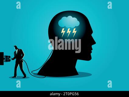 Illustration de concept d'entreprise d'un homme d'affaires avec prise électrique et tête humaine. Idée d'entreprise, brainstorming, connaissance, concept d'innovation Illustration de Vecteur