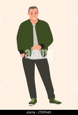 Illustration vectorielle de dessin animé plat simple d'un jeune homme portant une veste d'aviateur, style de mode Illustration de Vecteur