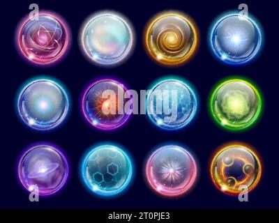 Sphères de plasma magiques réalistes et boules d'énergie. Éclair éclair, étincelles électriques colorées. Ensemble vectoriel de boule de verre mystique décorative Illustration de Vecteur