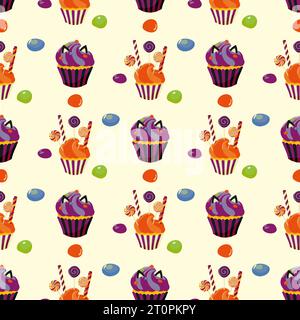 Modèle sans couture avec cupcakes. Fond coloré avec des bonbons, sucettes, chocolat dans le glaçage de sucre, cupcake. Modèle pour tissu, papier peint, wrapi Illustration de Vecteur