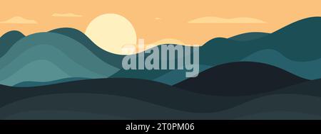 Fond abstrait tendance, lever de soleil dans les montagnes. Paysage de style plat, collines de vagues minimalistes et nuages. Art graphique vectoriel contemporain Illustration de Vecteur