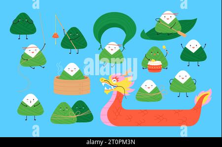 Personnages de boulettes de riz, éléments de festival de bateau dragon de dessin animé. Nourriture saine orientale, zongzi drôle. Ensemble vectoriel de boulettes chinoises mignonnes racées Illustration de Vecteur