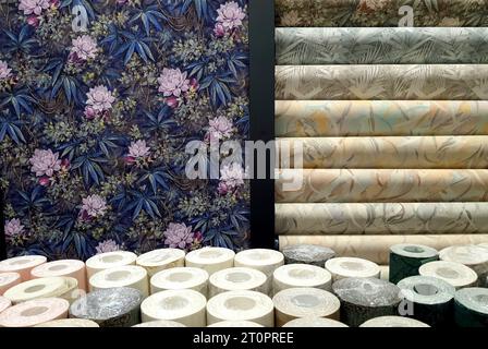 Papier peint avec des motifs géométriques et floraux en magasin. Rouleaux de papier peint en vinyle. Diverses textures et couleurs de papier pour mur. Finition décorative m Banque D'Images