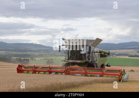 Moissonneuse-batteuse Claas Lexion 8600 récolte de l'orge dans un champ Hillside surplombant la campagne environnante Banque D'Images