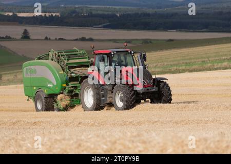 Un tracteur Valtra t195 rouge enballe de la paille pendant la récolte avec une presse McHale Fusion Vario par un après-midi ensoleillé Banque D'Images