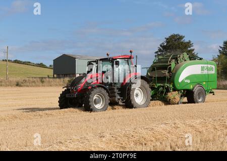 Ramasseuse-presse McHale Fusion Vario remorquée par un tracteur rouge Valtra t195 qui met en balle de la paille d'orge dans un champ sous le soleil de l'après-midi Banque D'Images