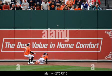 Baltimore, États-Unis. 08 octobre 2023. Cedric Mullins (R), le joueur de terrain des Orioles de Baltimore, et Austin Hays, le joueur de terrain gauche, ne peuvent pas atteindre une ligne de conduite des Texas Rangers Leody Taveras dans la deuxième manche du match deux de la MLB American League Division Series à Oriole Park à Camden yards à Baltimore le dimanche 8 octobre 2023. Les Rangers en ont marqué deux sur le double par Taveras. Photo Tasos Katopodis/UPI crédit : UPI/Alamy Live News Banque D'Images