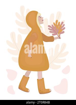 Femme heureuse blonde avec coiffure bob est sur une promenade d'automne, fille dans un imperméable avec une capuche, dame avec un bouquet de feuilles d'automne, col d'automne atmosphérique Illustration de Vecteur