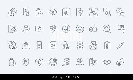 Les icônes de ligne de médecine numérique définissent l'illustration vectorielle. Résumé mince contour symboles médicaux et collection de télémédecine, communication en ligne entre le médecin et le patient pour le diagnostic par téléphone, ordinateur portable Illustration de Vecteur