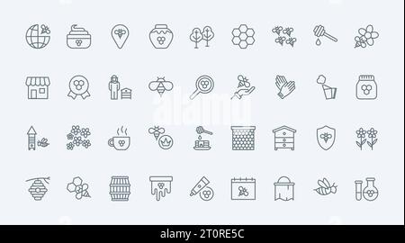 Icônes de ligne mince de miel, rucher et apiculture définir illustration vectorielle. Soulignez la collection de symboles de ferme de miel avec propolis et pollen, nectar doux de saveur de fleur et nid d'abeille, apiculteur et ruche Illustration de Vecteur