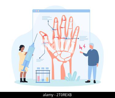 Diagnostic et traitement de l'illustration vectorielle arthritique. Dessin animé médecin minuscule examinant la radiographie infographique de vieux patients main avec arthrose, raideur et douleur articulaire de doigt pour le traitement Illustration de Vecteur