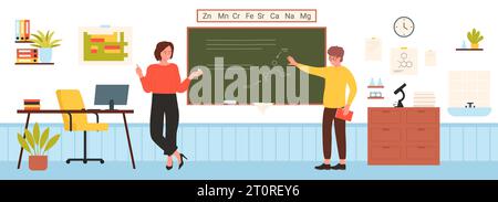 Classe de chimie avec enseignant et étudiant à l'école ou à l'université illustration vectorielle du conseil. Formation d'enfant de dessin animé dans l'intérieur moderne de la salle de classe, étudiant et montrant des formules chimiques sur le tableau noir Illustration de Vecteur