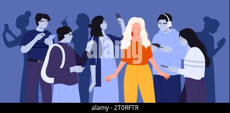 Illustration de vecteur addiction de nouvelles de smartphone. Femme heureuse de dessin animé debout parmi la foule de nombreuses personnes toxicomanes tristes avec l'anxiété et la surcharge de mauvaises nouvelles, des personnages malheureux surfant sur les médias sociaux Illustration de Vecteur