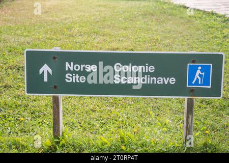 Enseigne nordique à l’Anse aux Meadows à Terre-Neuve-et-Labrador, Canada Banque D'Images