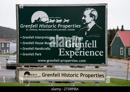 Panneau Grenfell Historic Properties à St. Anthony, Terre-Neuve-et-Labrador, Canada Banque D'Images