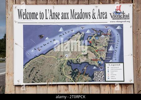 Bienvenue à l’enseigne l’Anse aux Meadows à Terre-Neuve-et-Labrador, Canada Banque D'Images