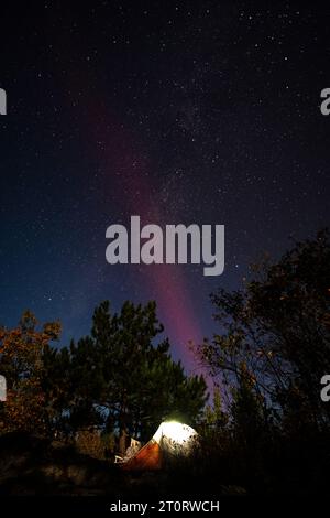 Northern Lights au-dessus d'un camping dans les eaux limitrophes du nord du Minnesota, États-Unis Banque D'Images