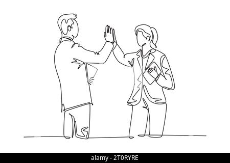 Dessin continu d'une ligne de jeune homme d'affaires heureux et femme d'affaires célébrant leur objectif successif avec haut cinq geste. Accord commercial conce Banque D'Images