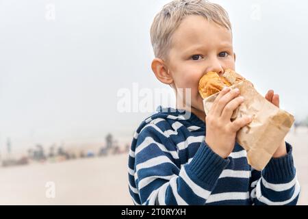 Petit garçon affamé avec cagoule mange un sandwich le jour brumeux. Un enfant mignon en collation reposant dans les hautes terres brumeuses. Enfant dîne dehors Banque D'Images