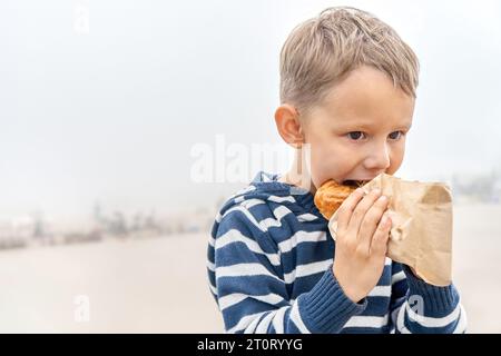 Petit garçon affamé avec cagoule mange un sandwich le jour brumeux. Un enfant mignon en collation reposant dans les hautes terres brumeuses. Enfant dîne dehors Banque D'Images