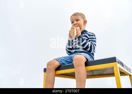 Petit garçon affamé avec cagoule mange sandwich assis sur la table le jour brumeux dans le parc de montagne. Un enfant mignon en collation reposant dans les hautes terres brumeuses Banque D'Images