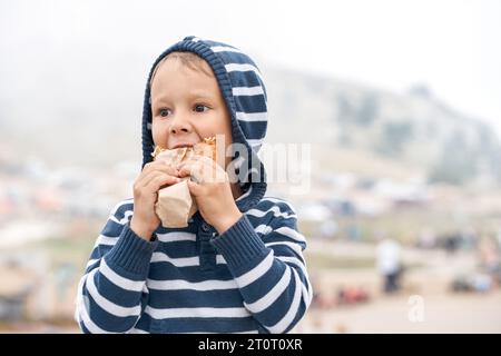 Petit garçon affamé avec cagoule mange un sandwich le jour brumeux. Un enfant mignon en collation reposant dans les hautes terres brumeuses. Enfant dîne dehors Banque D'Images