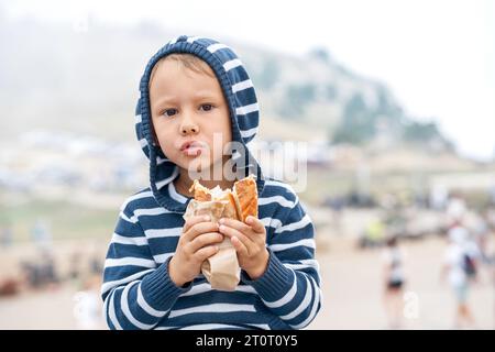 Charmant petit garçon tient un hot-dog savoureux marchant dans le parc de montagne. Enfant mangeant une collation saine sur le portrait de voyage. Enfant calme avec sandwich à l'extérieur Banque D'Images