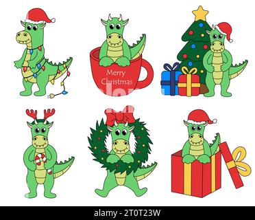 Ensemble de personnages de dessins animés de Noël et du nouvel an Dragon. Mignon Dragon dans la tasse et dans la boîte-cadeau, guirlande, canne à bonbons, cerf Antler Headband, couronne, arbre Illustration de Vecteur