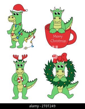 Ensemble de personnages de dessins animés de Noël et du nouvel an Dragon. Mignon Dragon dans la tasse, guirlande, avec canne à sucre, cerf Antler Headband, couronne. Vecteur plat illus Illustration de Vecteur