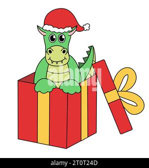 Personnage de Dragon de Noël et de nouvel an de dessin animé. Mignon Dragon dans une boîte cadeau. Illustration vectorielle à plat. Illustration de Vecteur